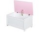 Une boîte à jouets blanche avec un couvercle rose
