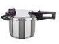 Une cocotte-minute en acier inoxydable avec un bouton violet.