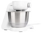 Robot de cuisine Bosch blanc avec bol en acier inoxydable.
