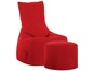 Un fauteuil rouge avec un repose-pieds assorti.