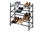 Un étagère à chaussures noire avec différents types de chaussures.