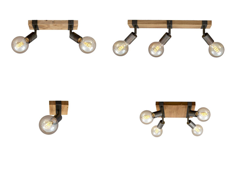 Lampes de plafond en bois avec des détails en métal et des ampoules.