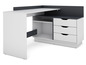 Bureau d'angle blanc avec trois tiroirs et une étagère ouverte.