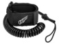 Un leash de surf G&F noir avec un cordon en spirale.