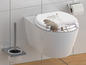 Des toilettes avec un siège de toilette à thème zen, une brosse de toilette et du papier toilette.