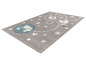 Tapis gris avec un globe terrestre bleu, une fusée et des étoiles.