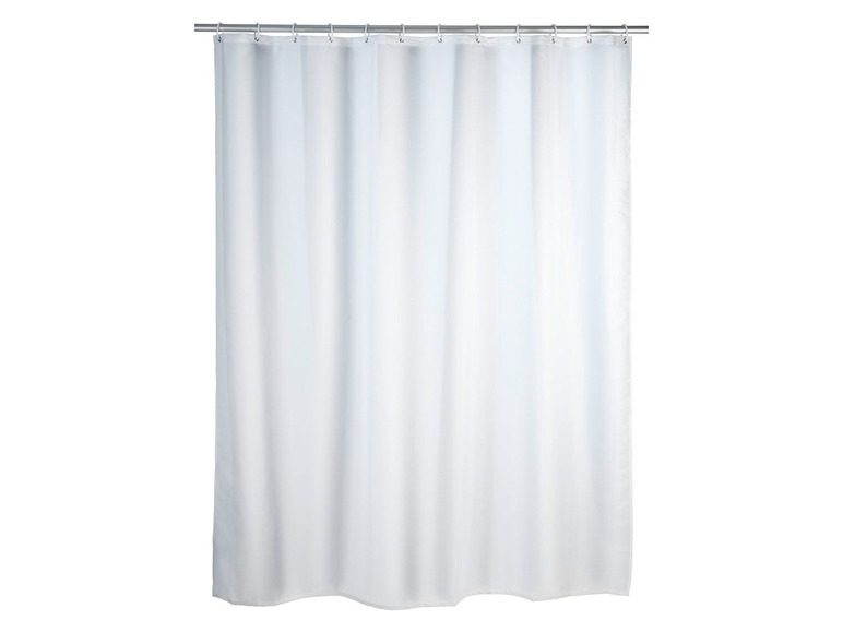 Un rideau de douche blanc avec des œillets métalliques.