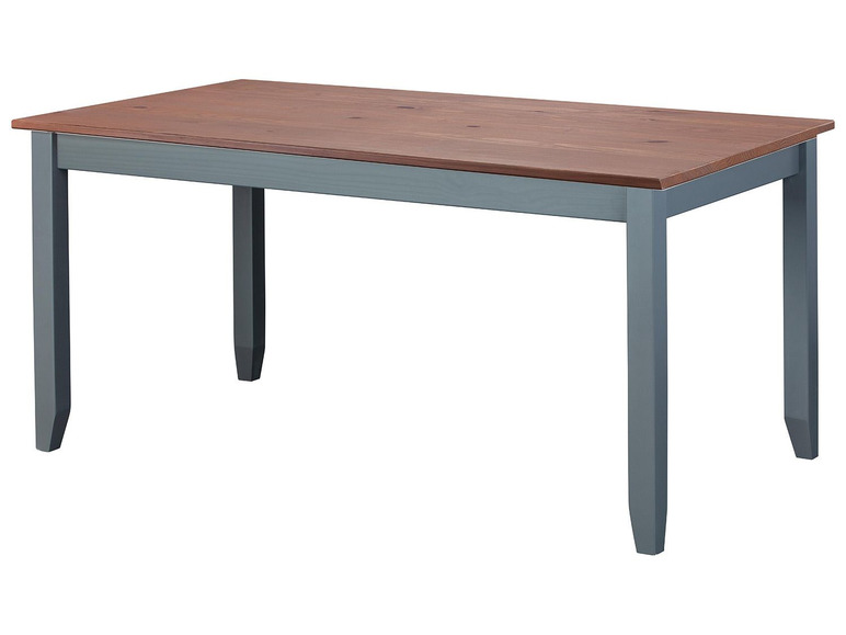 Une table à manger en bois avec un plateau brun foncé et des pieds bleus.