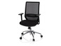 Un fauteuil de bureau noir avec un dossier en maille et des accoudoirs.