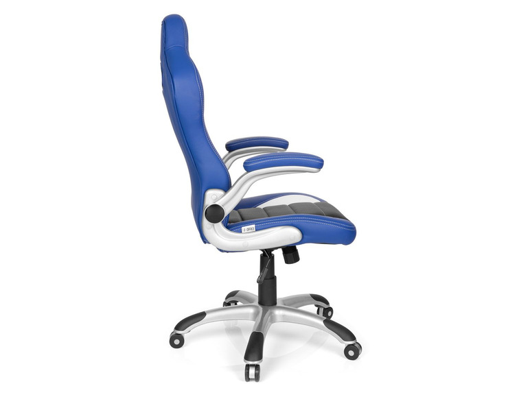 Chaise de bureau bleue avec accoudoirs et roulettes.