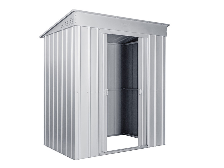 Un abri de jardin en métal avec une porte coulissante.