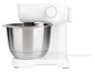 Robot de cuisine blanc avec bol en acier inoxydable.