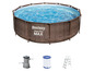 Piscine Bestway Steel Pro MAX avec pompe de filtration, cartouche filtrante et échelle.
