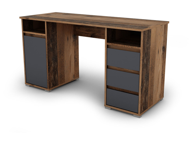 Un bureau en bois avec un tiroir et un placard.