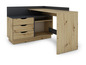 Un bureau en bois avec trois tiroirs et des étagères ouvertes.