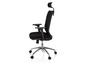 Un fauteuil de bureau noir avec un appui-tête et des roulettes.