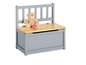 Banc de rangement gris avec siège en bois pour enfants.