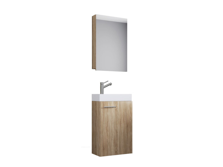 Un meuble de salle de bain en bois avec un lavabo et un miroir