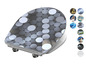 Un abattant de toilette avec un design abstrait de cercles gris.