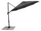 Un parasol noir avec un bras réglable et un pied en pierre.