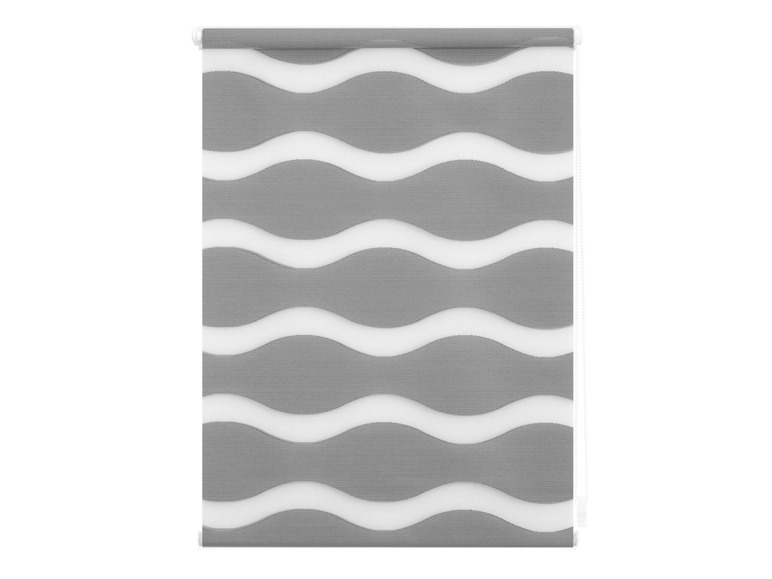 Store enrouleur gris avec un motif ondulé blanc.