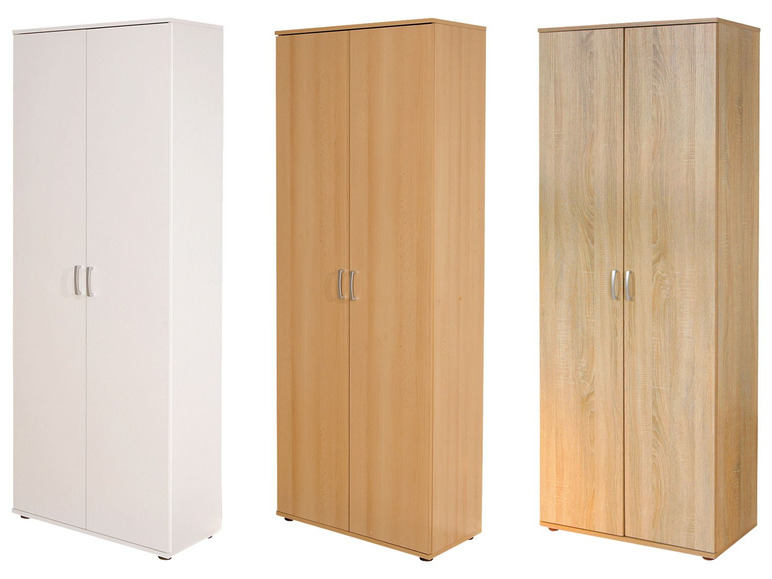 Trois armoires à deux portes en blanc et bois.