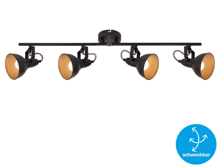 Plafonnier noir avec quatre spots orientables.