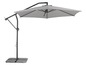 Un parasol gris avec un bras articulé et un pied en béton.