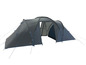 Une tente grise avec des accents bleus, parfaite pour le camping.