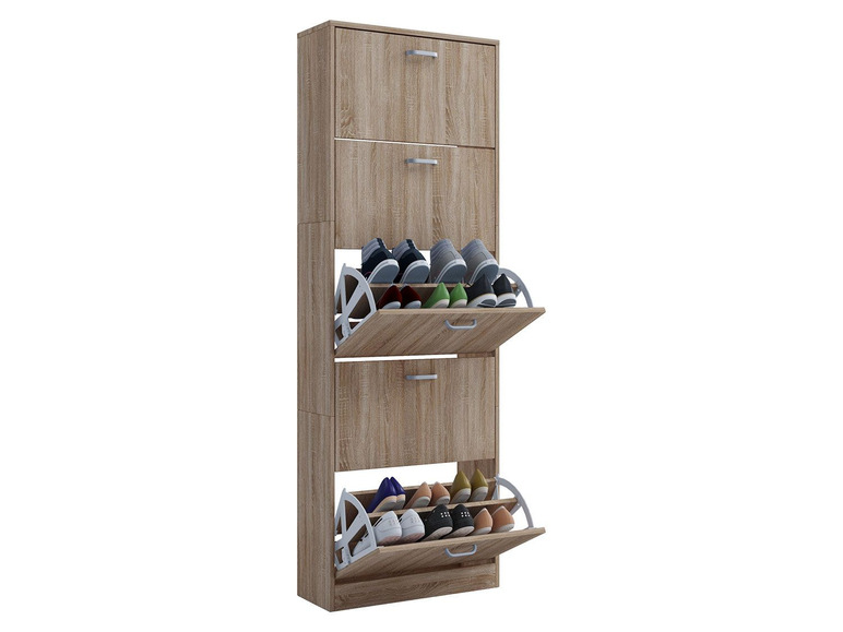 Une armoire à chaussures en bois avec des tiroirs ouverts pour ranger des chaussures.