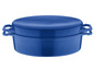 Une cocotte en fonte bleue avec un couvercle.