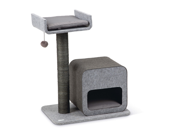 Un arbre à chat avec une plateforme, un abri et une corde en sisal.