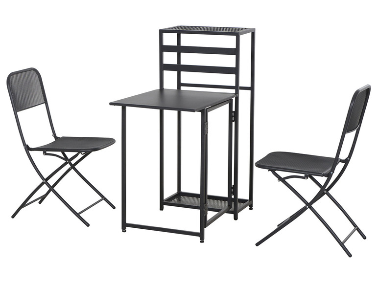 Une table noire avec deux chaises pliantes et une étagère.
