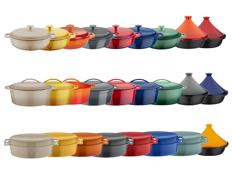 Différentes couleurs de casseroles en fonte et tajines.