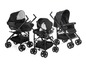 Trois poussettes Chicco noires avec différentes configurations.