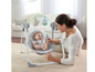 Un bébé dans une chaise berçante Fisher-Price avec une femme assise à côté.