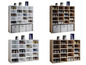 Étagères à chaussures blanches et en bois avec différents types de chaussures.