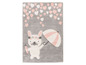 Un tapis gris avec un lapin tenant un parapluie rose et des cœurs roses.