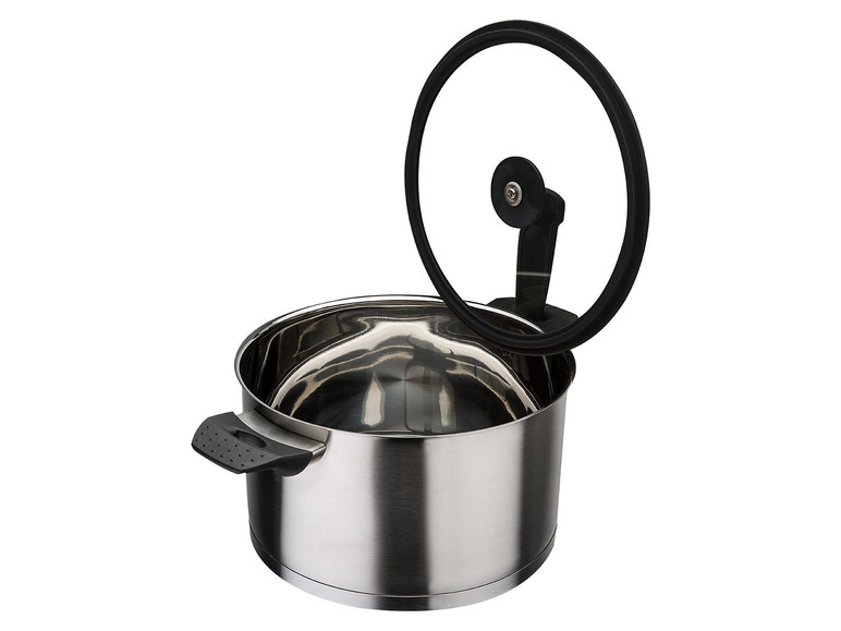 Une casserole en acier inoxydable avec un couvercle en verre.