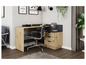 Un bureau en bois avec une chaise de bureau en métal et un tiroir noir.