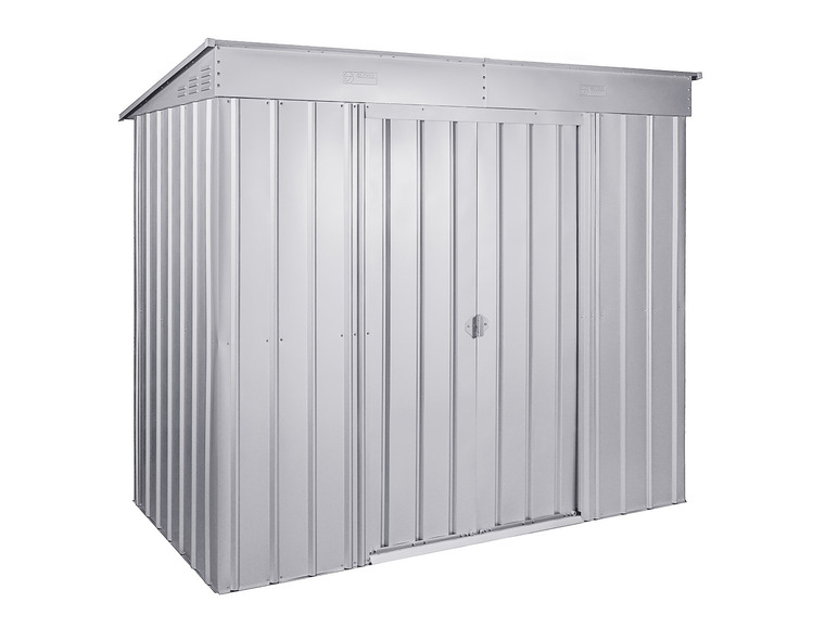 Un abri de jardin en métal gris avec des portes doubles.