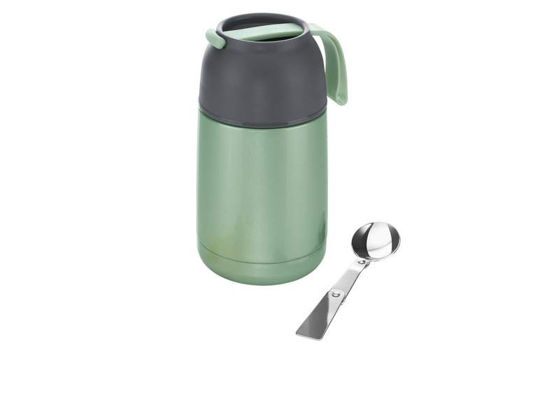 Une gourde isotherme verte avec une cuillère.