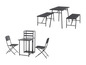 Une table noire et deux bancs avec structure en métal, ainsi que deux chaises pliantes noires.