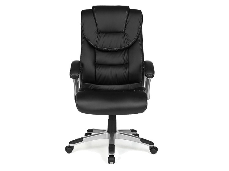 Un fauteuil de bureau noir avec accoudoirs et roulettes.