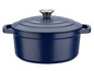 Une cocotte en fonte bleue avec un couvercle.