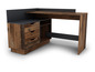 Un bureau d'angle avec trois tiroirs et une étagère ouverte.