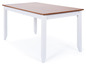 Une table à manger blanche avec un plateau en bois.