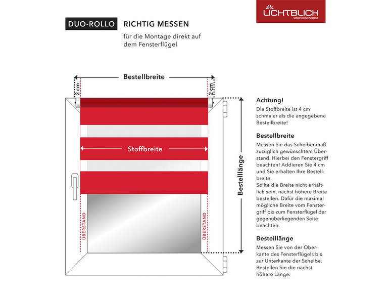 Instructions pour mesurer un store duo rouge et blanc.