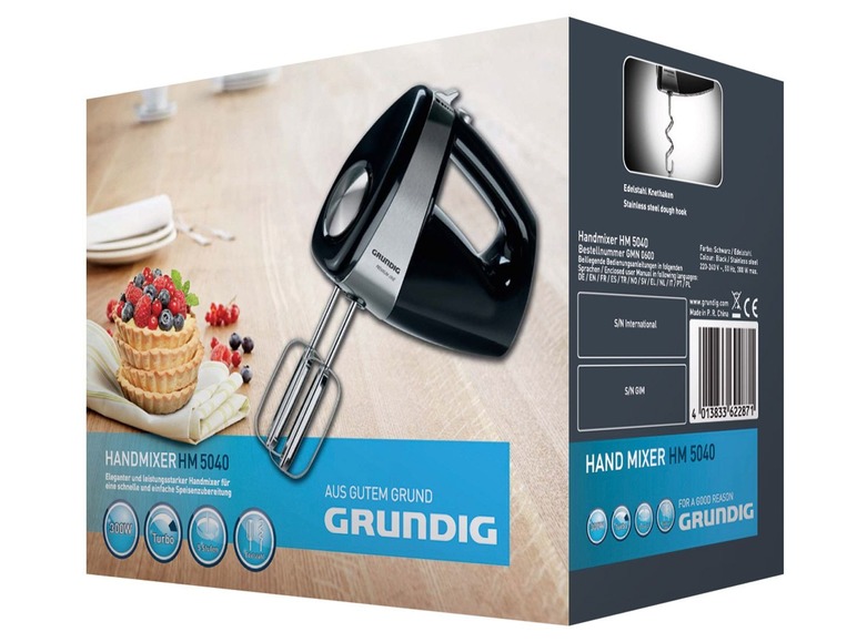 Un mixeur plongeant Grundig HM 5040 noir avec un crochet pétrisseur en acier inoxydable.