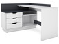 Bureau blanc avec trois tiroirs, une étagère ouverte et un plateau noir.